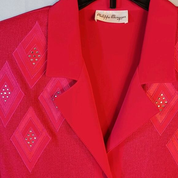VTG Philippe Marques Sweater Size 10 Hot Pink Gemstone Collared Button Up L/S - Picture 3 of 10